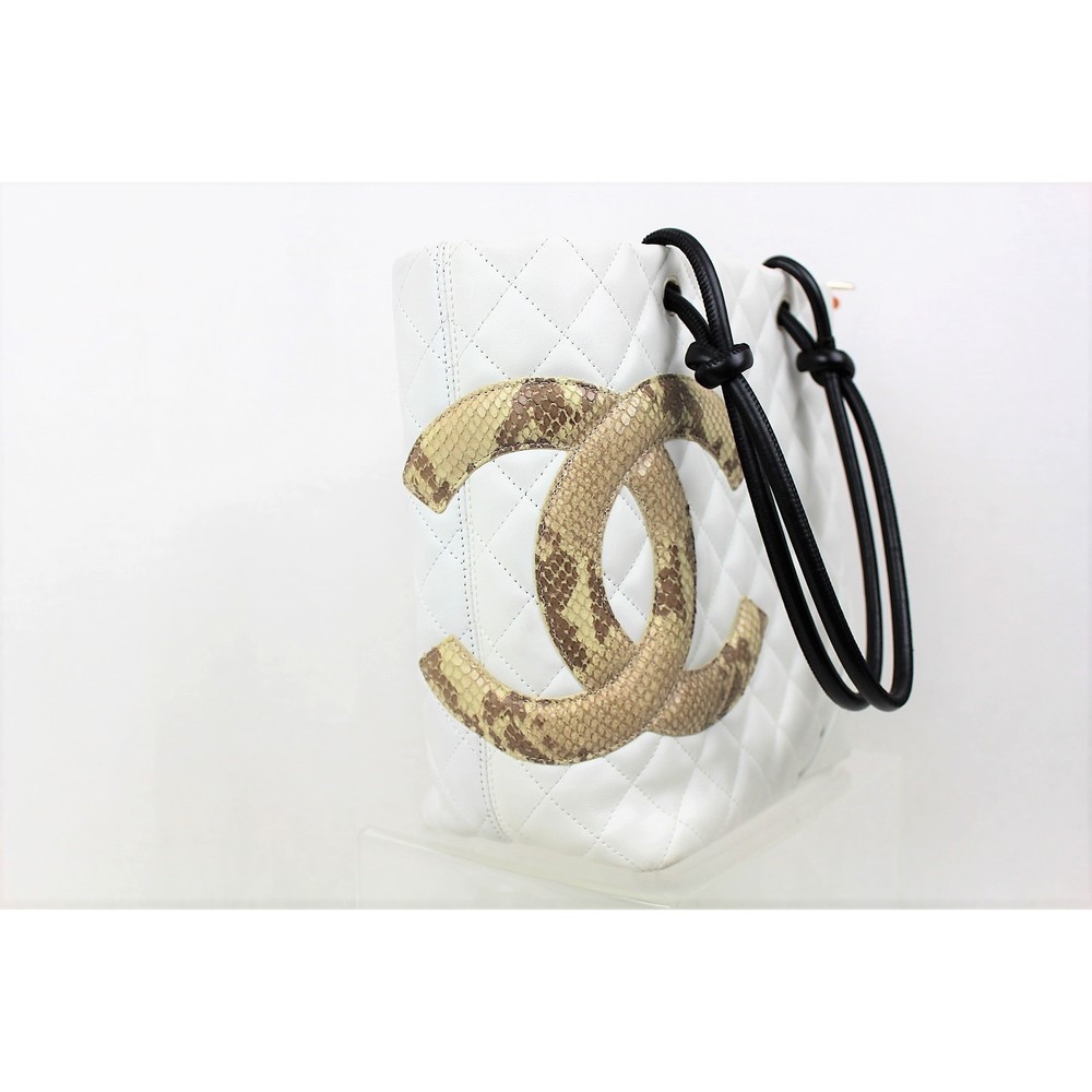 Chanel Python Cambon Tote Handbag White Black - image 3